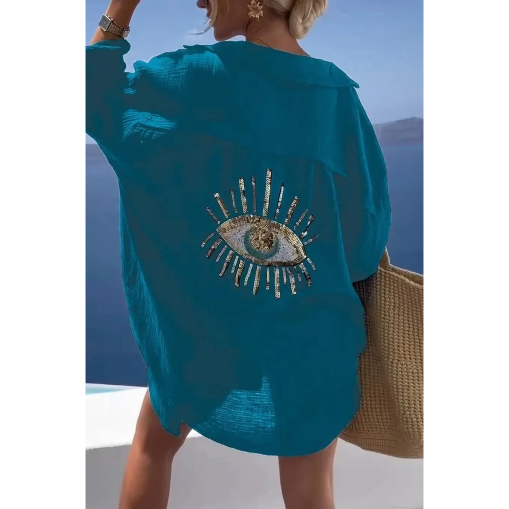 Casual Bright Sequin Evil Eye Long Sleeve Cotton Blouse 5