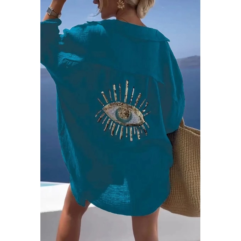 Casual Bright Sequin Evil Eye Long Sleeve Cotton Blouse 5