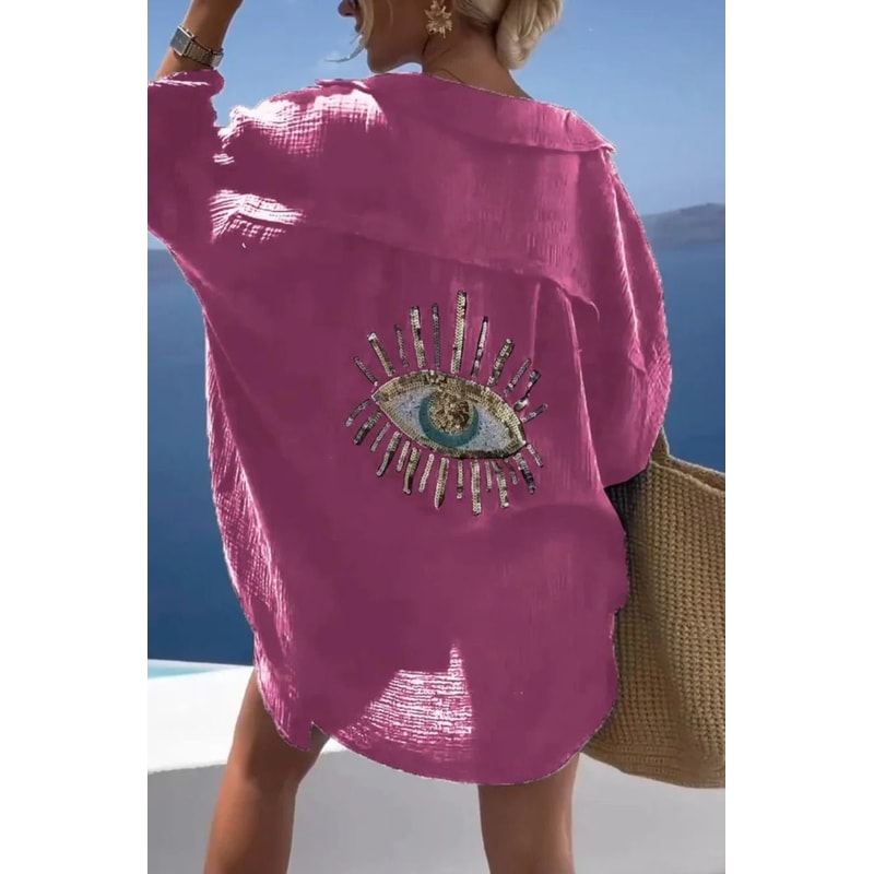 Casual Bright Sequin Evil Eye Long Sleeve Cotton Blouse 6
