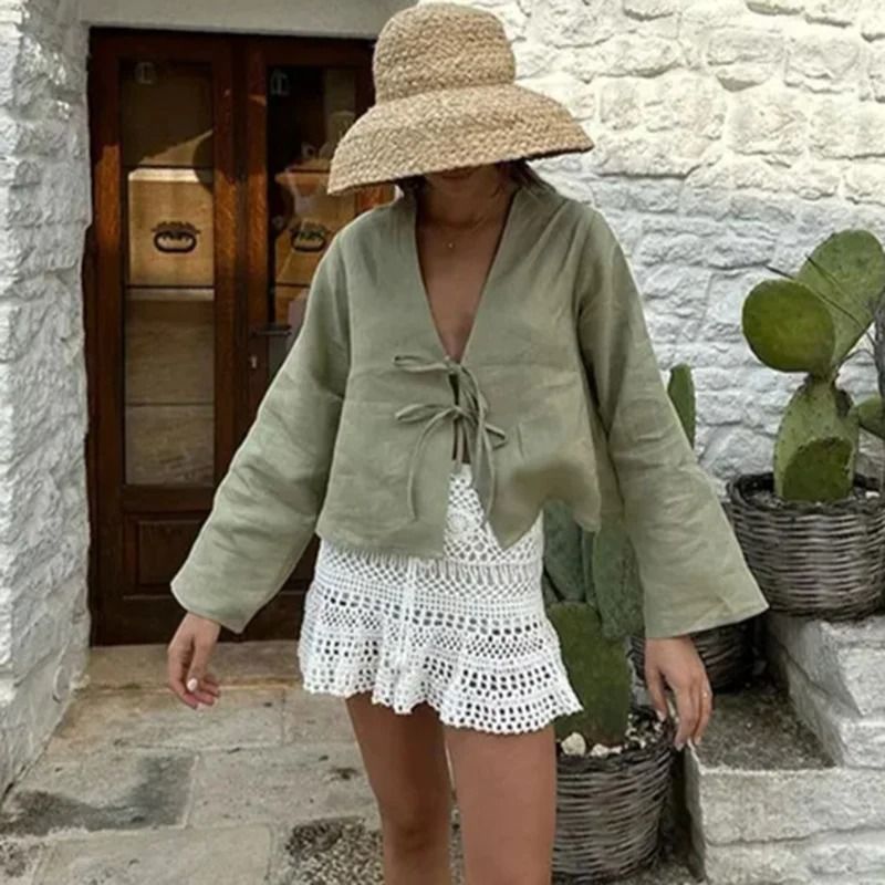 Loose Lace Up Bow V Neck Flare Sleeve Women Blouse 7