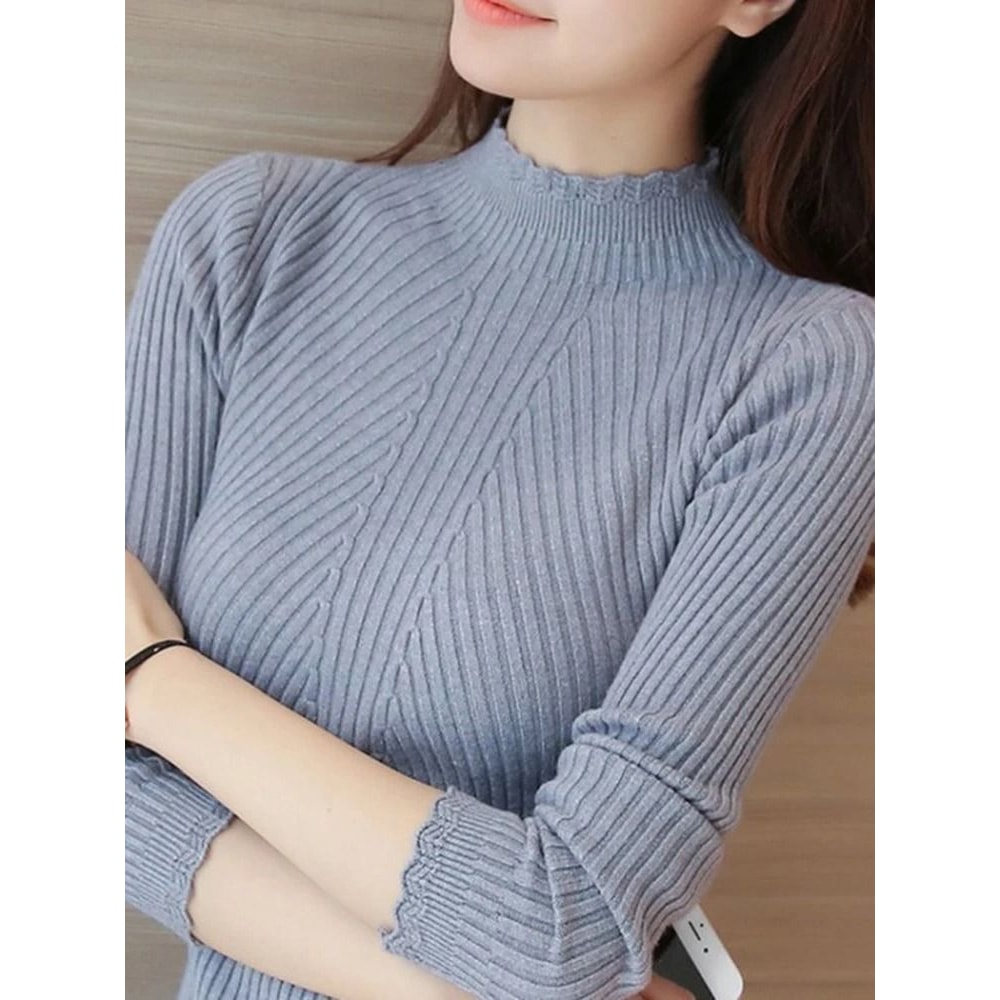 Women Mock Neck Ruffle Sweater With Long Sleeves 9
