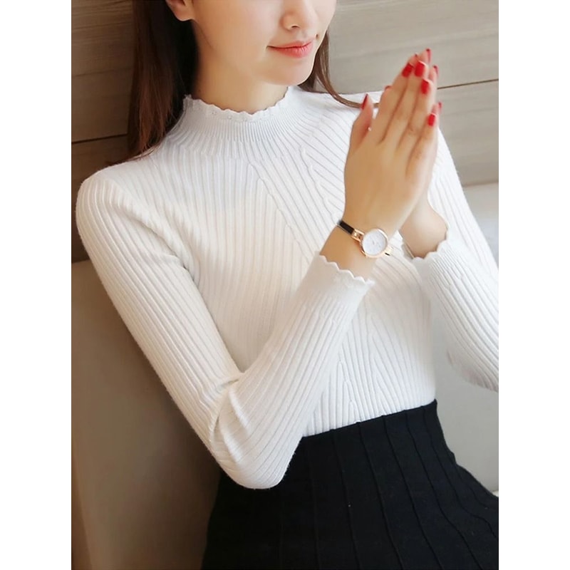 Women Mock Neck Ruffle Sweater With Long Sleeves 6