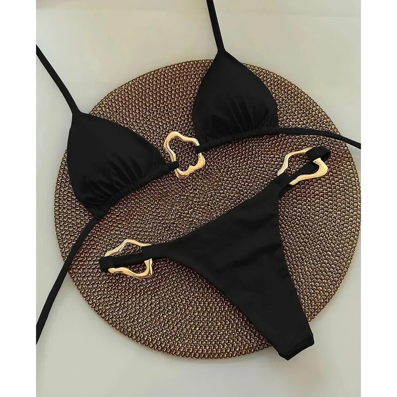 Women Solid Color Lace Up Bikini Two Piece Swimsuit 0