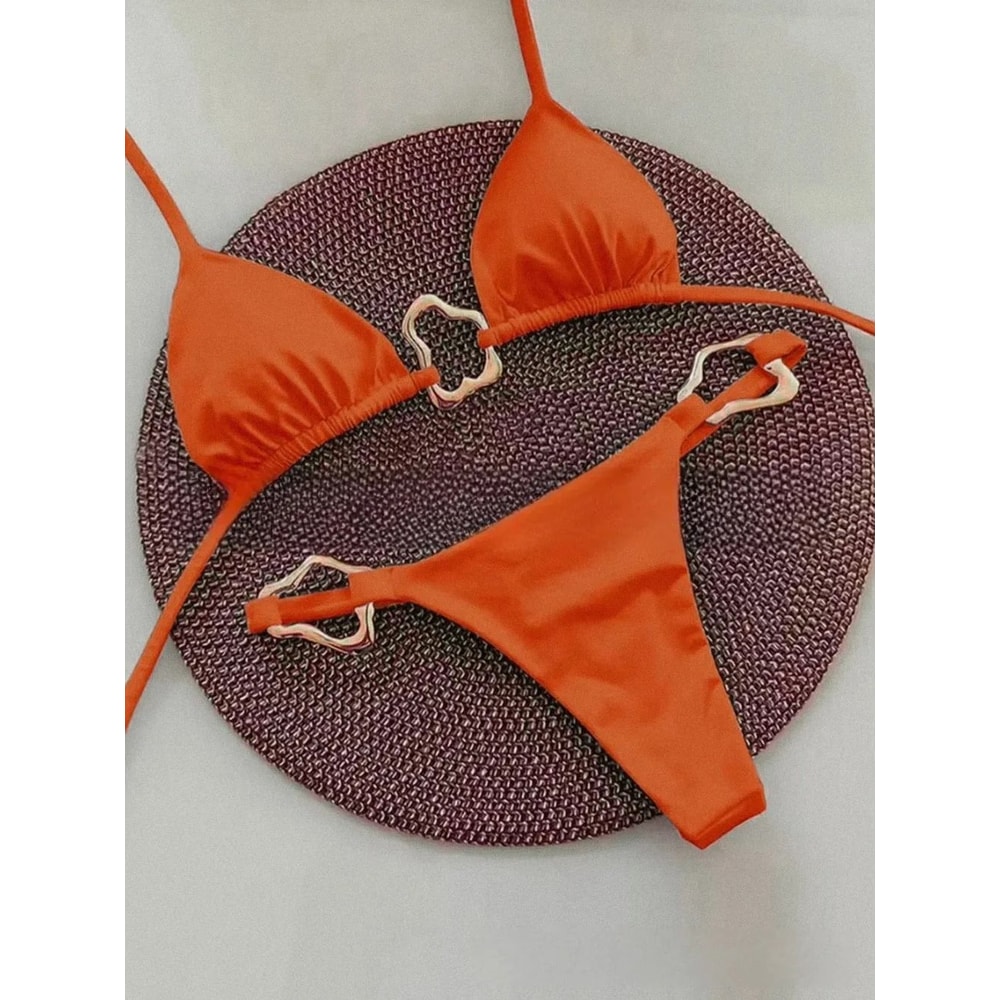 Women Solid Color Lace Up Bikini Two Piece Swimsuit 9