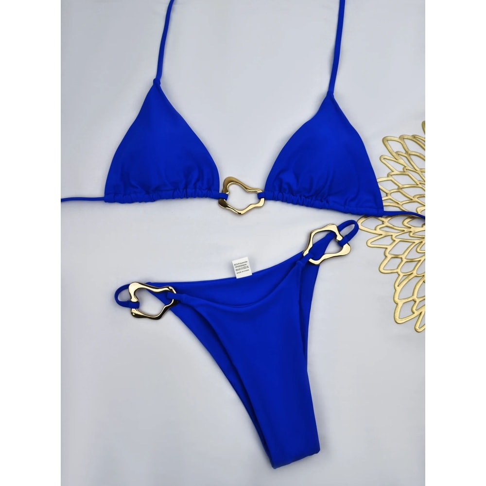 Women Solid Color Lace Up Bikini Two Piece Swimsuit 11