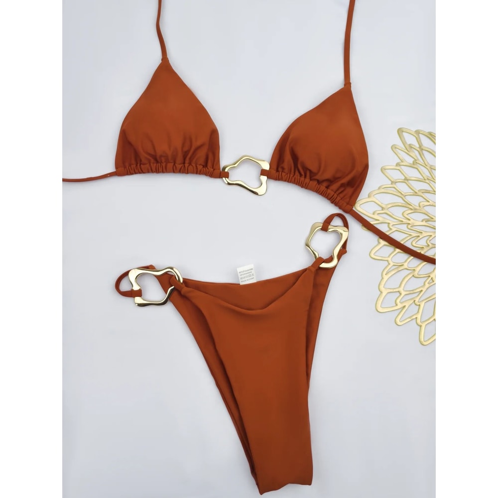 Women Solid Color Lace Up Bikini Two Piece Swimsuit 12