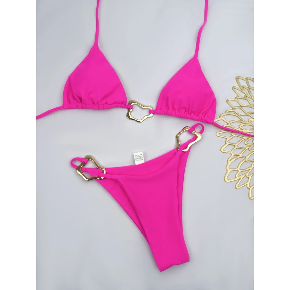 Women Solid Color Lace Up Bikini Two Piece Swimsuit 13