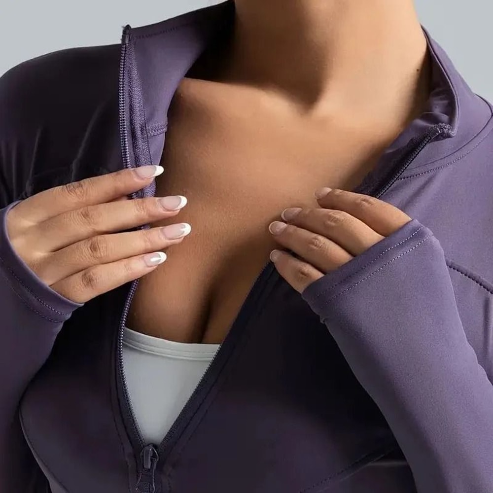 Womens Lightweight Stretchy Zip Up Running Jacket With Thumb Holes High Neck 2