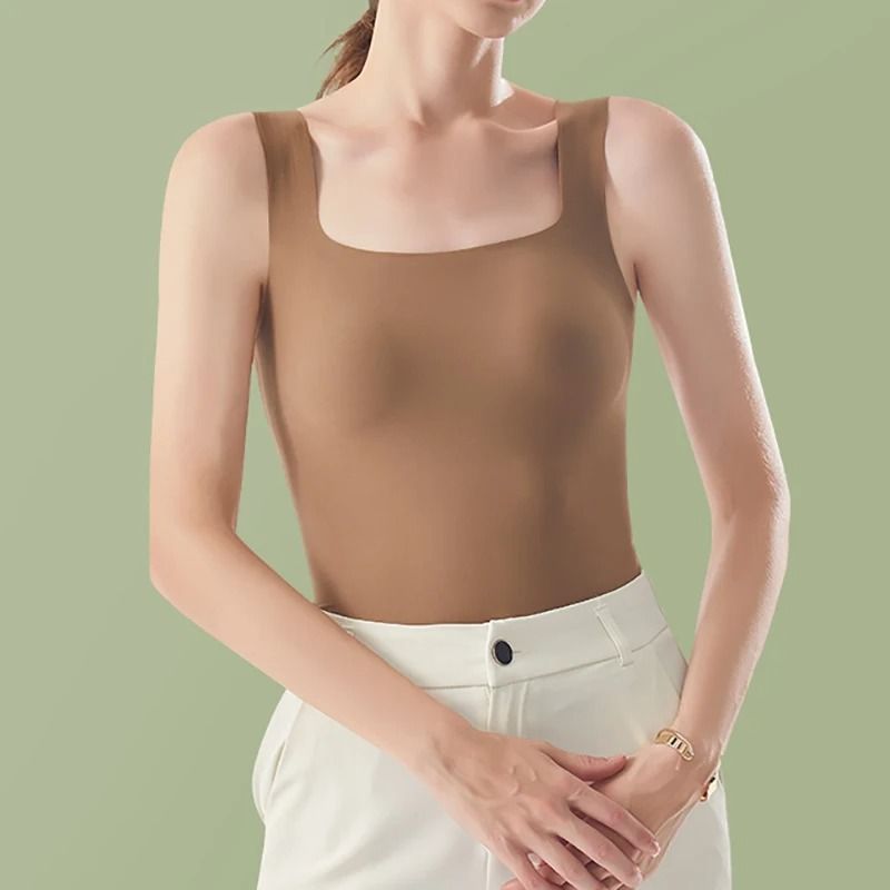 HELIAR Women Seamless Crop Tank Top With Bra Pad Square Collar Ice Silk Comfort 0