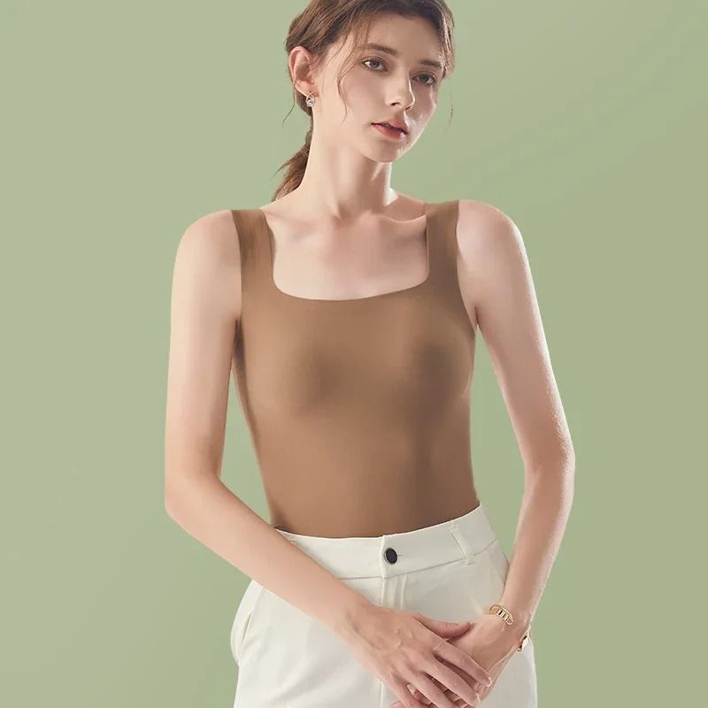 HELIAR Women Seamless Crop Tank Top With Bra Pad Square Collar Ice Silk Comfort 8