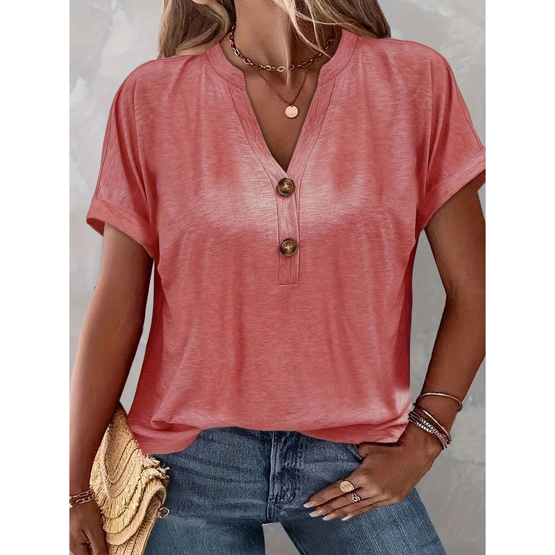 Chic Plus Size Short Sleeve Buttoned V Neck Casual T Shirt Lightweight Summer Top For Women 0