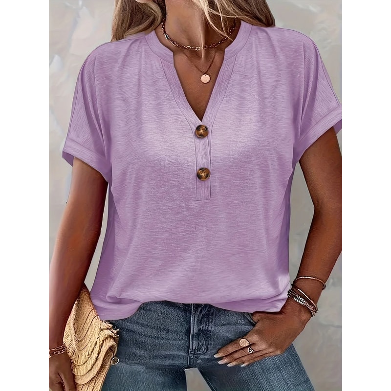 Chic Plus Size Short Sleeve Buttoned V Neck Casual T Shirt Lightweight Summer Top For Women 4
