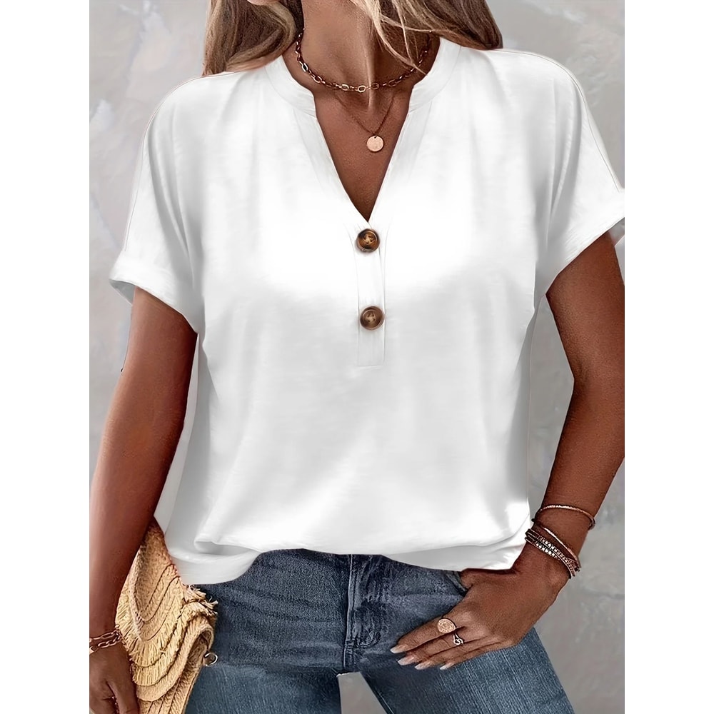 Chic Plus Size Short Sleeve Buttoned V Neck Casual T Shirt Lightweight Summer Top For Women 5