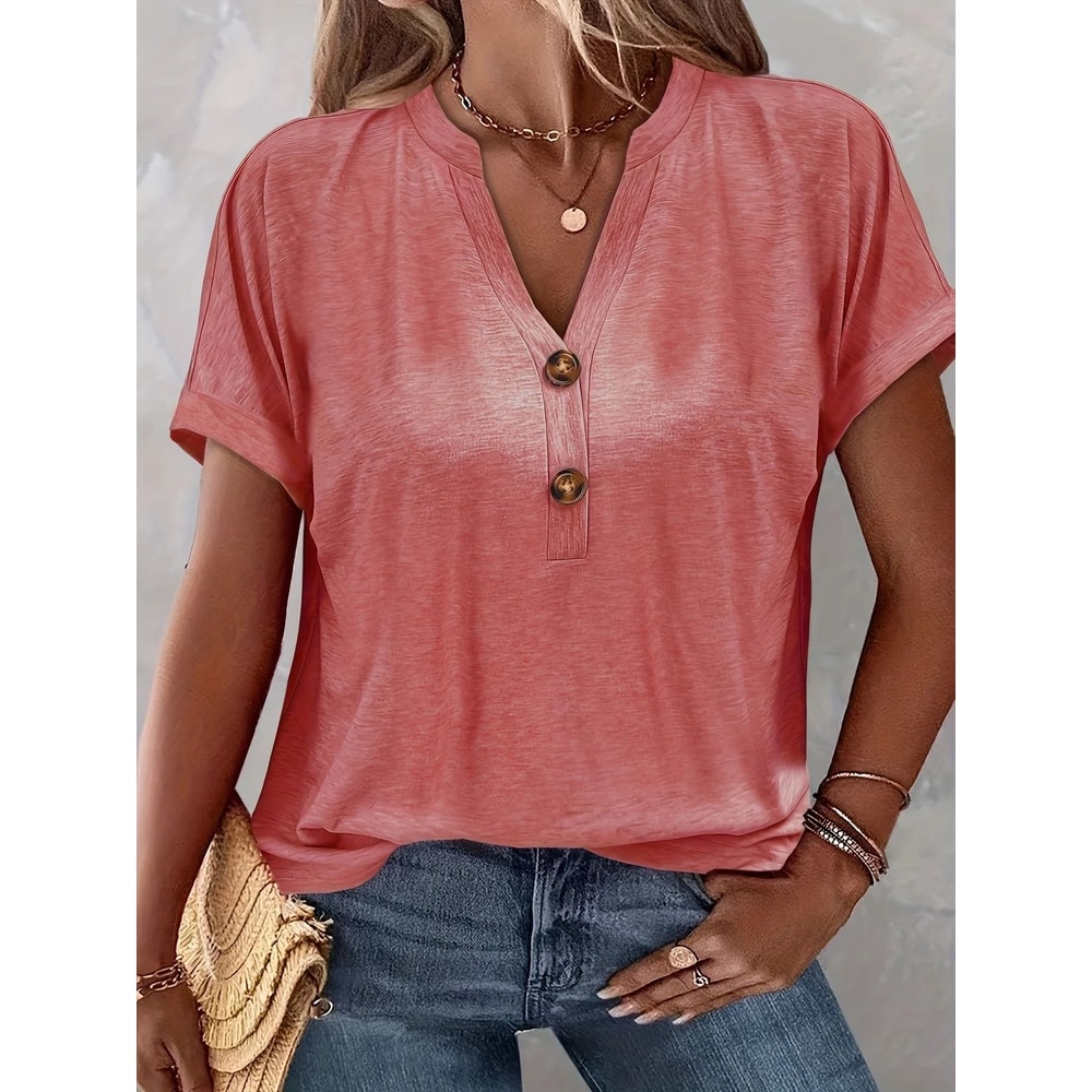 Chic Plus Size Short Sleeve Buttoned V Neck Casual T Shirt Lightweight Summer Top For Women 8