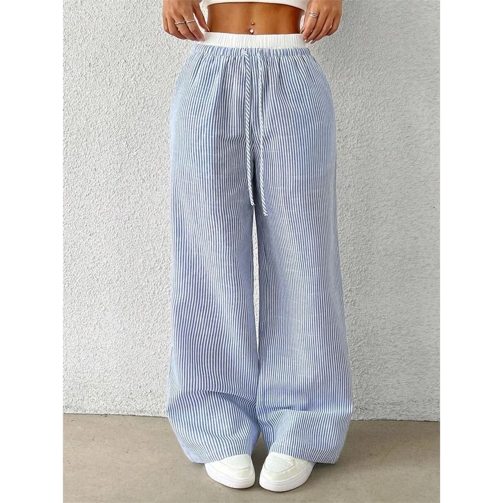 Women Casual Striped Woven Wide Leg Pants Full Length Trousers 2