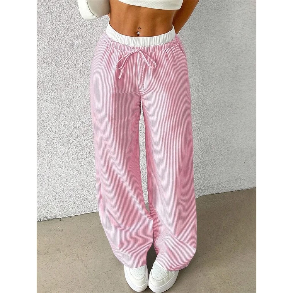 Women Casual Striped Woven Wide Leg Pants Full Length Trousers 3