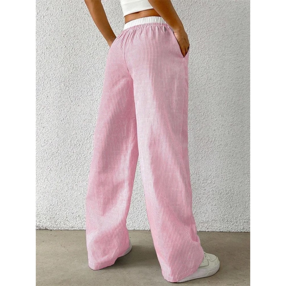 Women Casual Striped Woven Wide Leg Pants Full Length Trousers 4