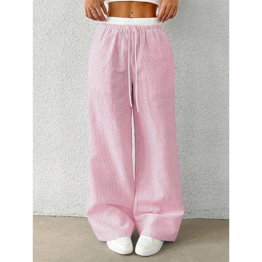 Women Casual Striped Woven Wide Leg Pants Full Length Trousers 5