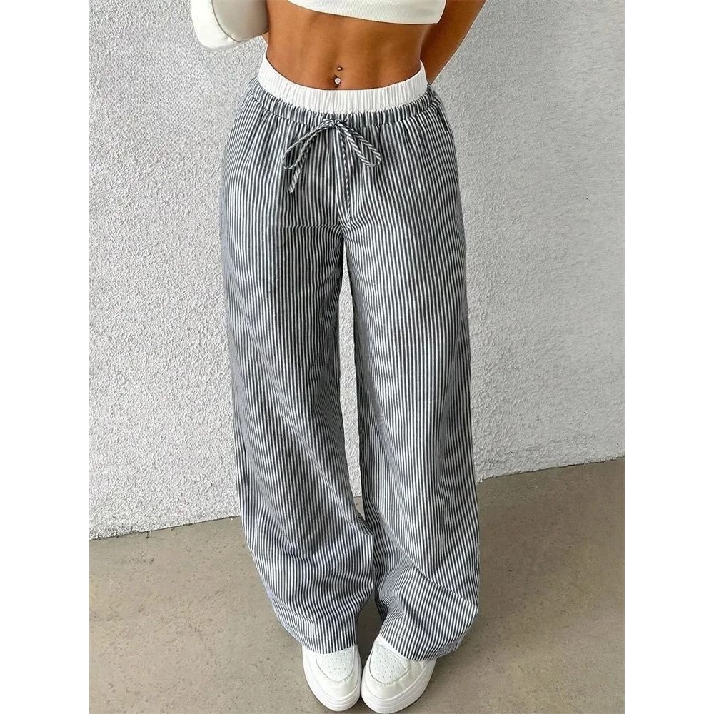 Women Casual Striped Woven Wide Leg Pants Full Length Trousers 7