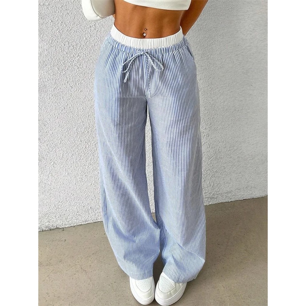 Women Casual Striped Woven Wide Leg Pants Full Length Trousers 8