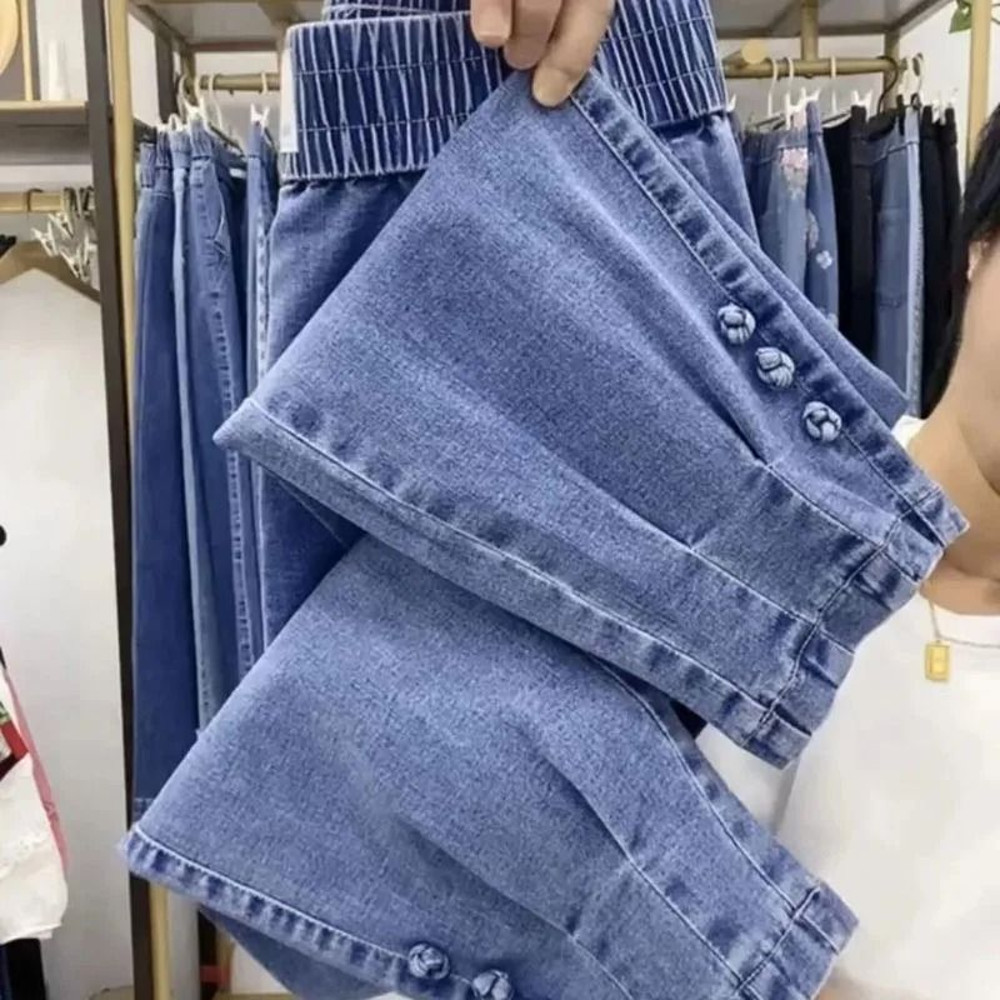 Korean Loose Straight Ankle Length High Stretch Women Denim Pants 7