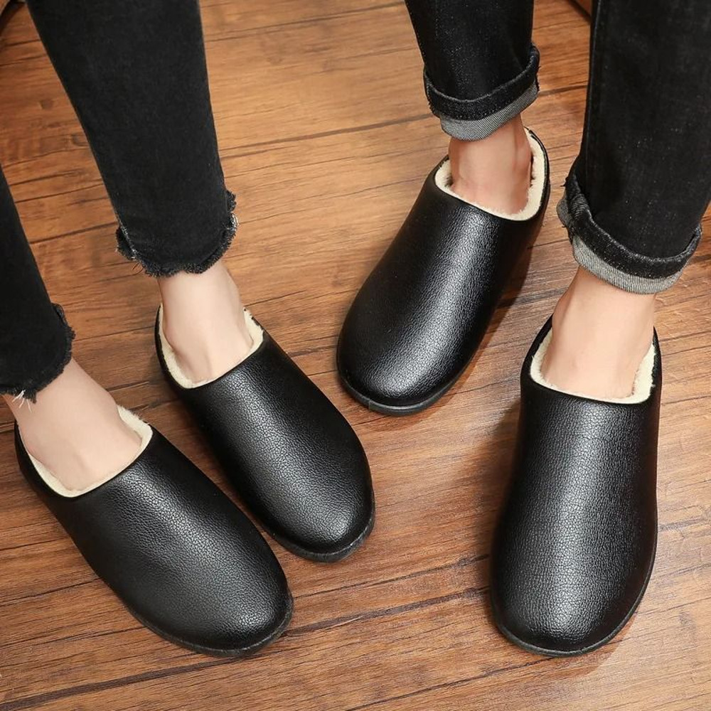 Men Winter Leather Slippers Bedroom Cotton Slippers Male Waterproof Thick Plus Velvet Indoor Warm H 1