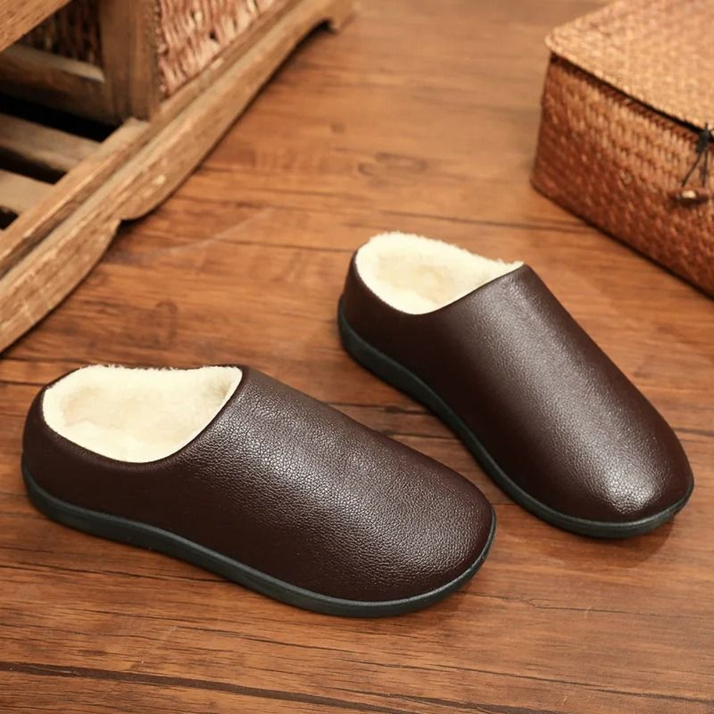 Men Winter Leather Slippers Bedroom Cotton Slippers Male Waterproof Thick Plus Velvet Indoor Warm H 2