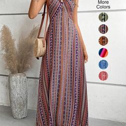womens summer ethnic pattern backless split thigh dress boho frill trim long dress for beach
