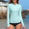 Women Rashguard Zipper Crew Neck Long Sleeve Surf Top With Thumb Holes 0
