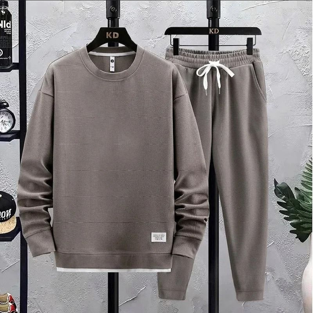 Men Summer Waffle Casual TShirt And Pants Set Loose Sports Tracksuit 0