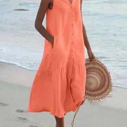 women summer cotton linen patchwork midi dress with pockets