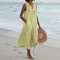 Women Summer Cotton Linen Patchwork Midi Dress With Pockets 9