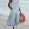 Women Summer Cotton Linen Patchwork Midi Dress With Pockets 4