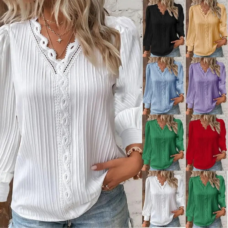 Womens Lace Stitch Pullover Chiffon V Neck Long Sleeve Blouse 0