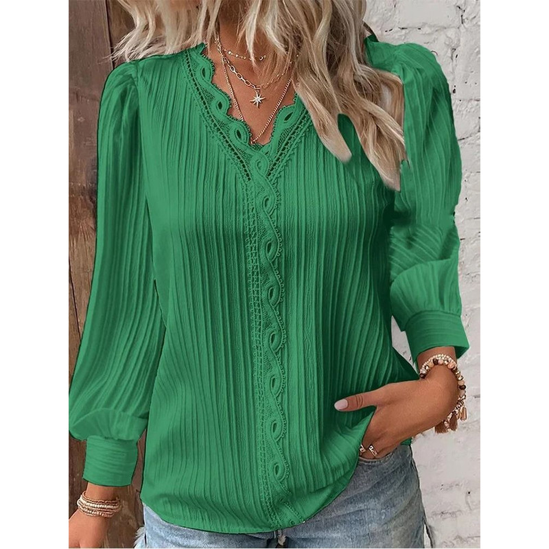 Womens Lace Stitch Pullover Chiffon V Neck Long Sleeve Blouse 1