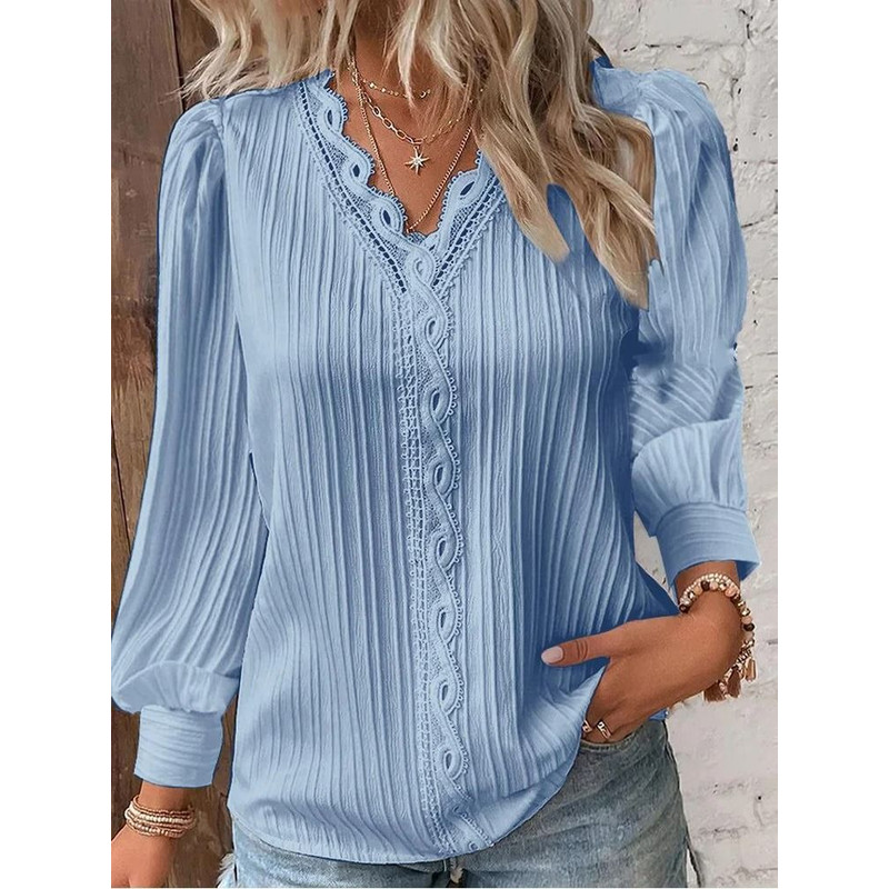 Womens Lace Stitch Pullover Chiffon V Neck Long Sleeve Blouse 3