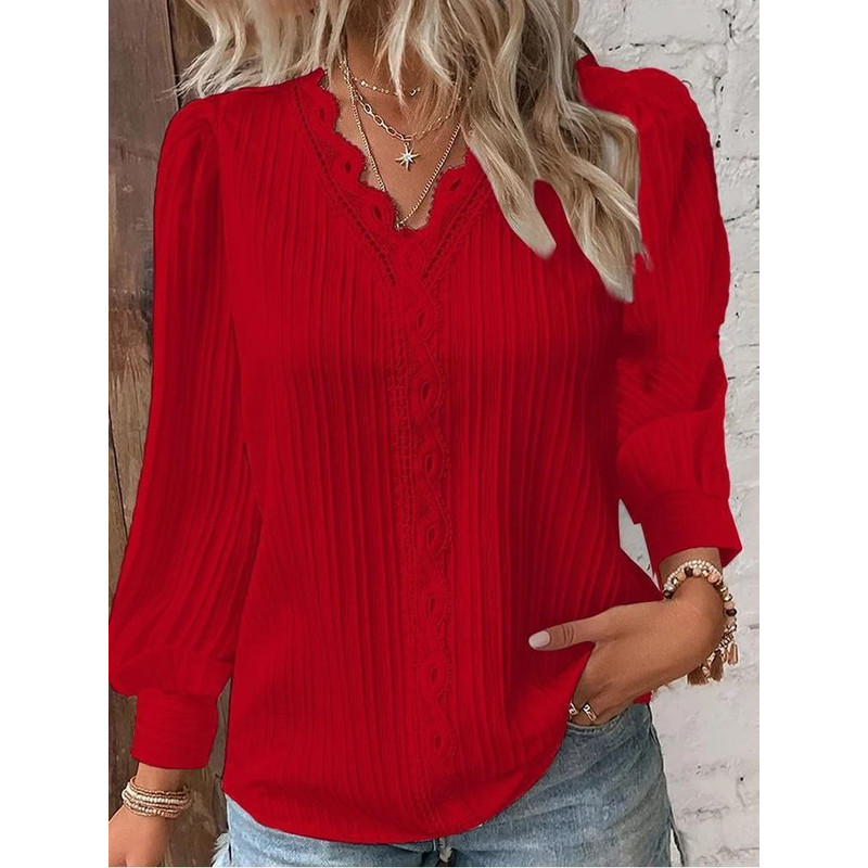 Womens Lace Stitch Pullover Chiffon V Neck Long Sleeve Blouse 5