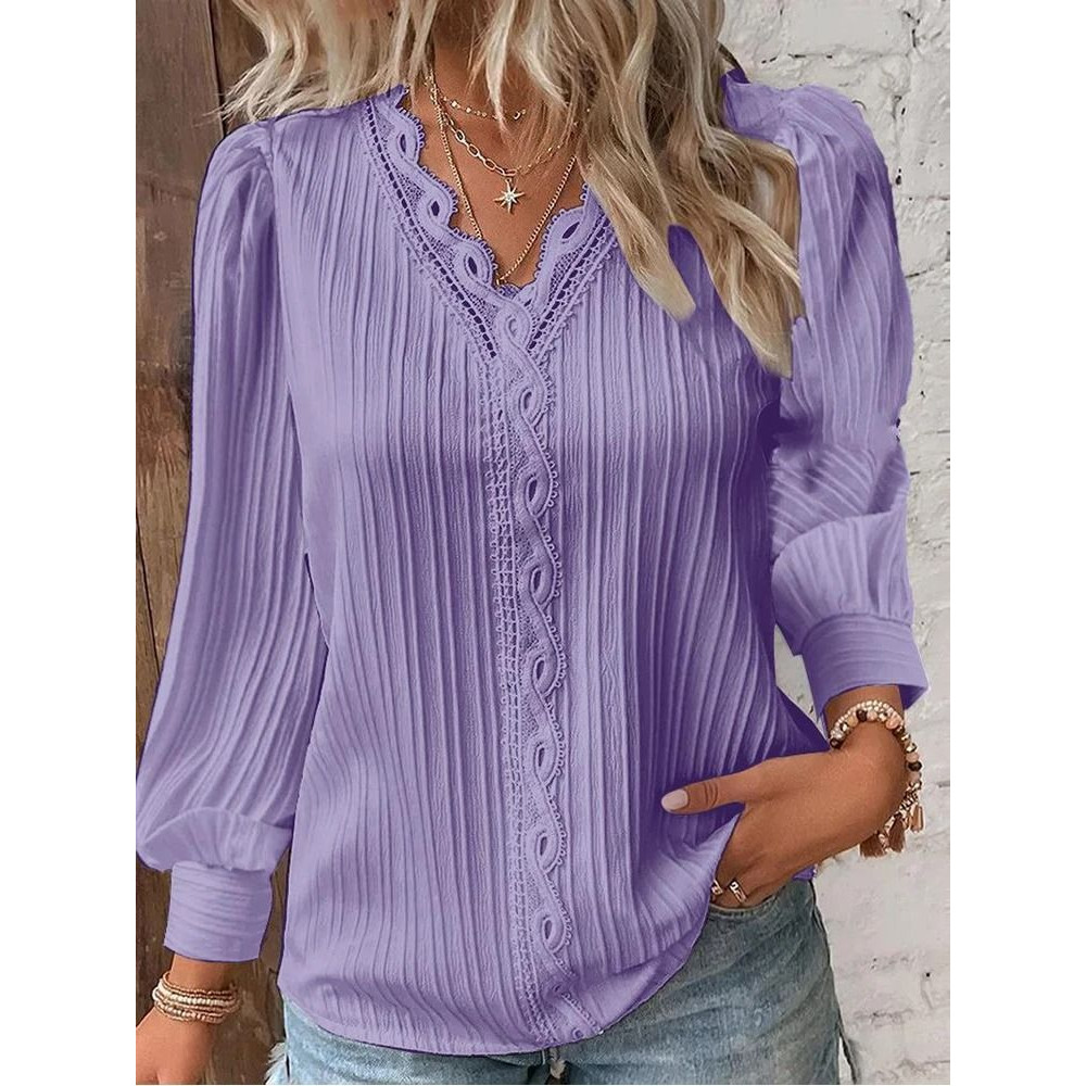 Womens Lace Stitch Pullover Chiffon V Neck Long Sleeve Blouse 9