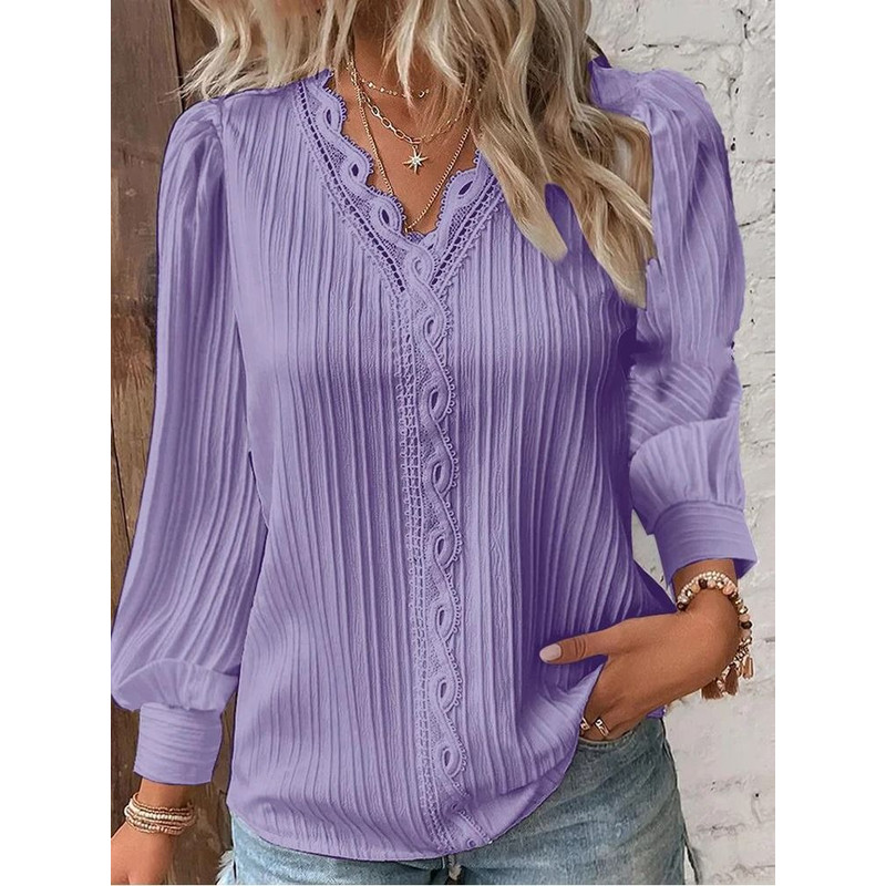 Womens Lace Stitch Pullover Chiffon V Neck Long Sleeve Blouse 9