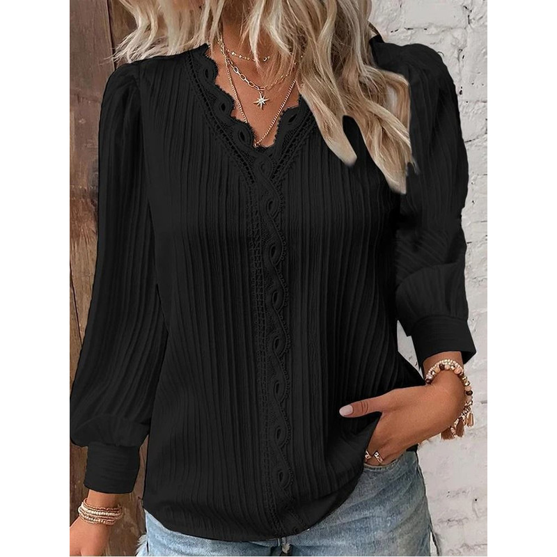 Womens Lace Stitch Pullover Chiffon V Neck Long Sleeve Blouse 10