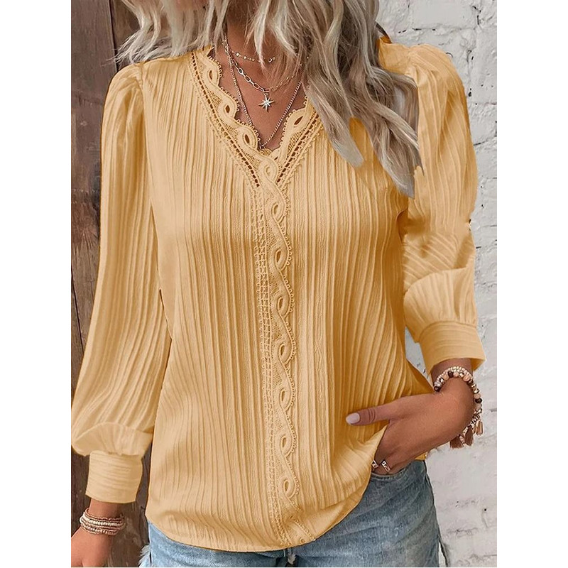 Womens Lace Stitch Pullover Chiffon V Neck Long Sleeve Blouse 12