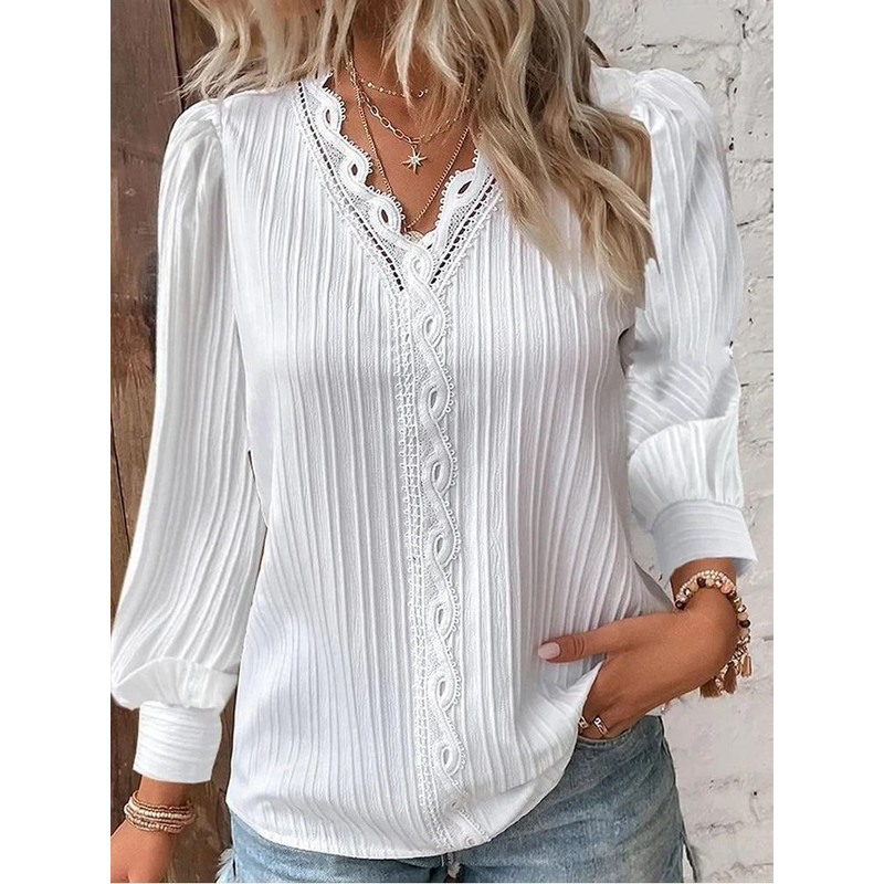 Womens Lace Stitch Pullover Chiffon V Neck Long Sleeve Blouse 6