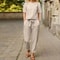 Womens Cotton Linen Matching Suit Lightweight Wide Leg Pants And Tie Waist Top 0