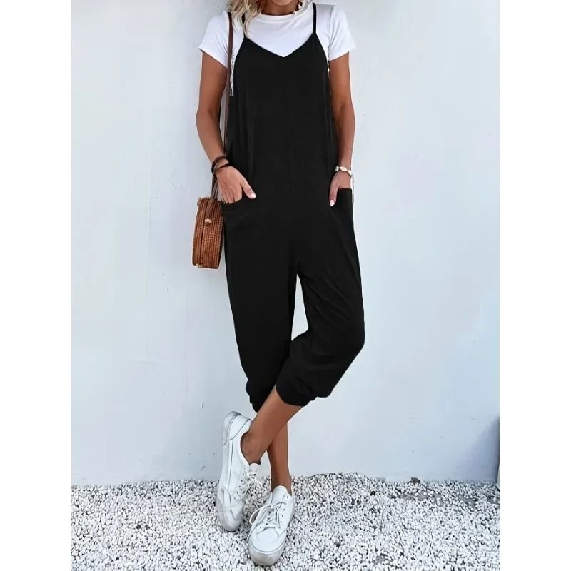 Plus Size Casual Summer Women Loose Sleeveless Strap Wide Leg Jumpsuit With Pockets 3