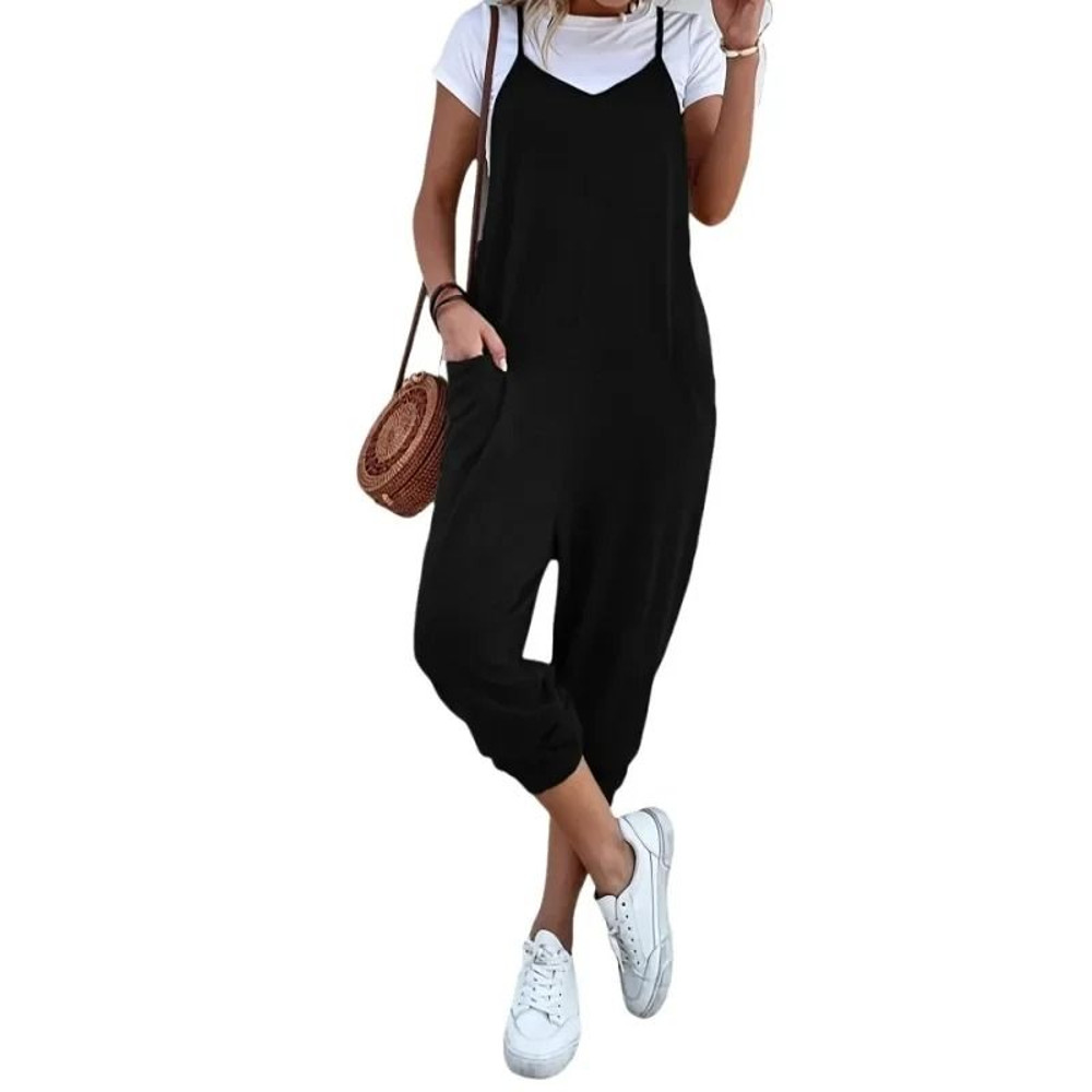 Plus Size Casual Summer Women Loose Sleeveless Strap Wide Leg Jumpsuit With Pockets 4