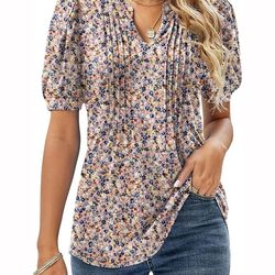 women v neck puff pleated summer tunic blouse casual work top