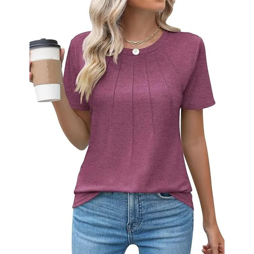 Women V Neck Puff Pleated Summer Tunic Blouse Casual Work Top 9