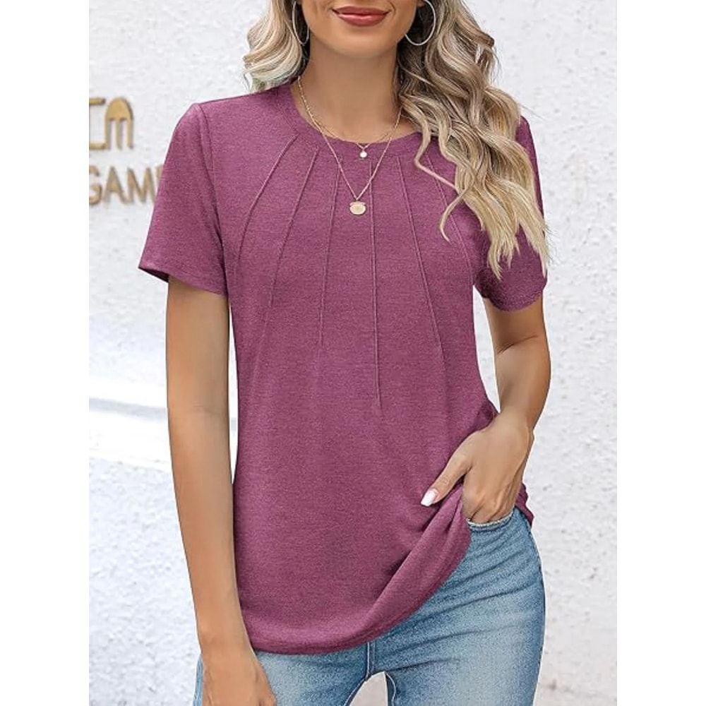 Women V Neck Puff Pleated Summer Tunic Blouse Casual Work Top 10