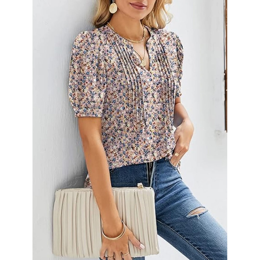 Women V Neck Puff Pleated Summer Tunic Blouse Casual Work Top 1
