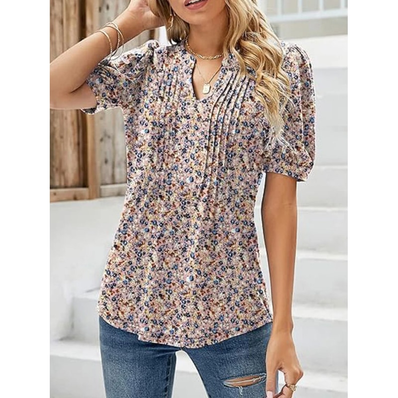 Women V Neck Puff Pleated Summer Tunic Blouse Casual Work Top 2